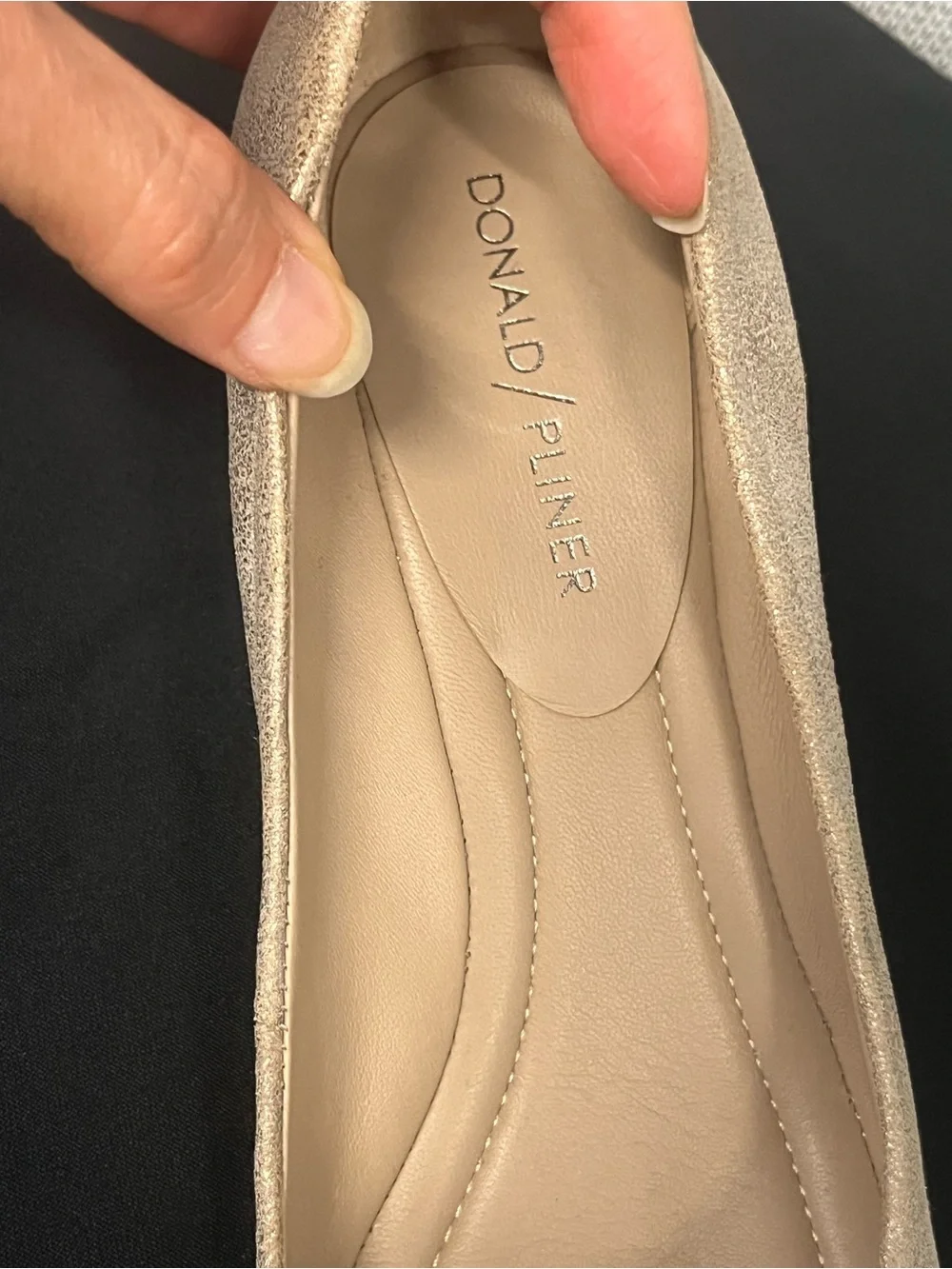 Donald Pliner block heel leather pumps. Brushed champagne. Metal heel plate. 8